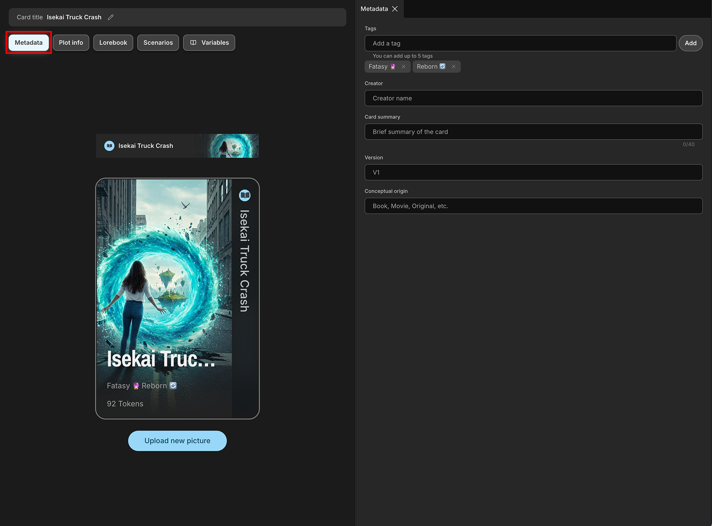 Plot Card Metadata Panel